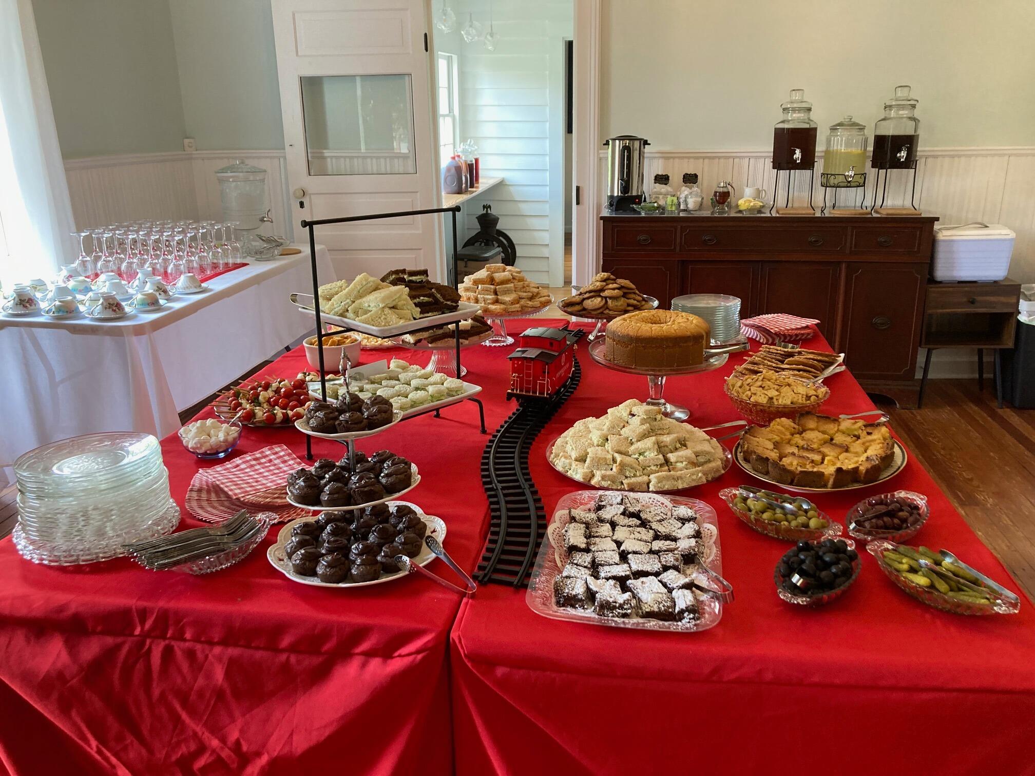 Decorated table ready for Red Hot Caboose Tea fundraiser.