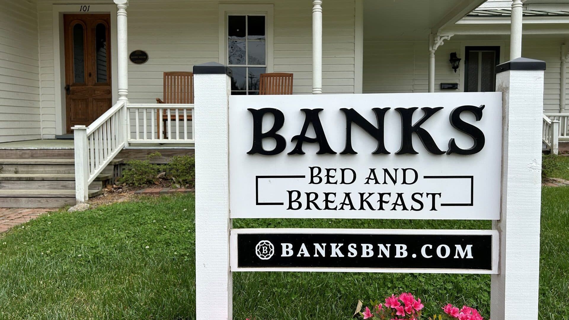 Banks Bed and Breakfast venue front with sign
